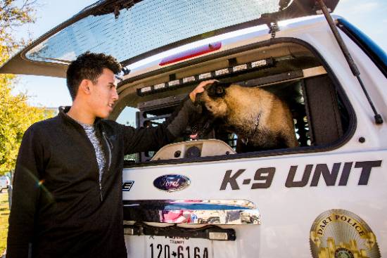 A Student Pets a Police Dog at a Campus Event