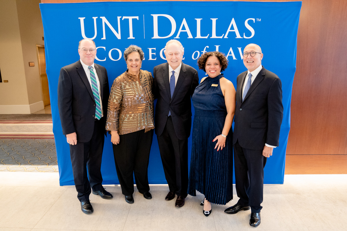 UNT Dallas College of Law Founding Dean Judge Royal Furgeson (center) With Founding Faculty Members Brian Owsley (far left), Cheryl Wattley (second from left), Courteney Harris (second from right) and Thomas Perkins (far right)